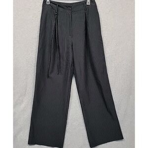 COMMENSE Womens Sz M Navy Pinstripe Reverse Pleat Wide Leg Pants Minimalist EUC